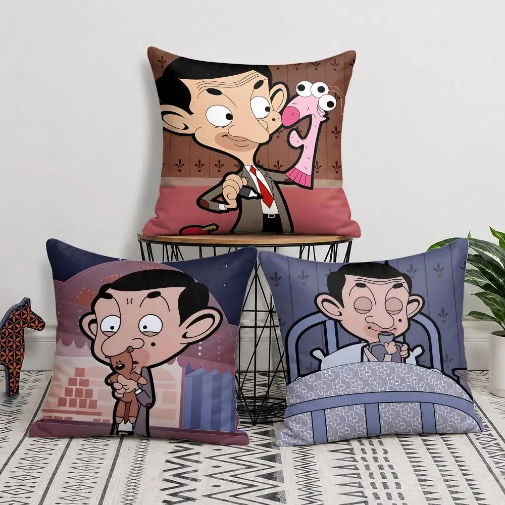 Mr B-Bean Funny Cartoon Cushion Cover Silky Short Plush Invisible Zipper Dustproof Sofa Pillow Case For Home Decor