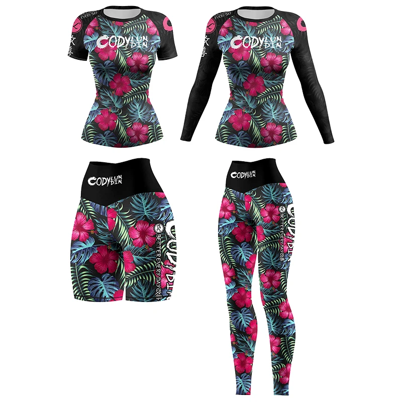 Flower Print Women Rash Guard Gym Clothes MMA Compression Yoga Wear Jiu Jitsu Rashguard T-shirt+Pants Boxing Grappling 4pcs/Sets