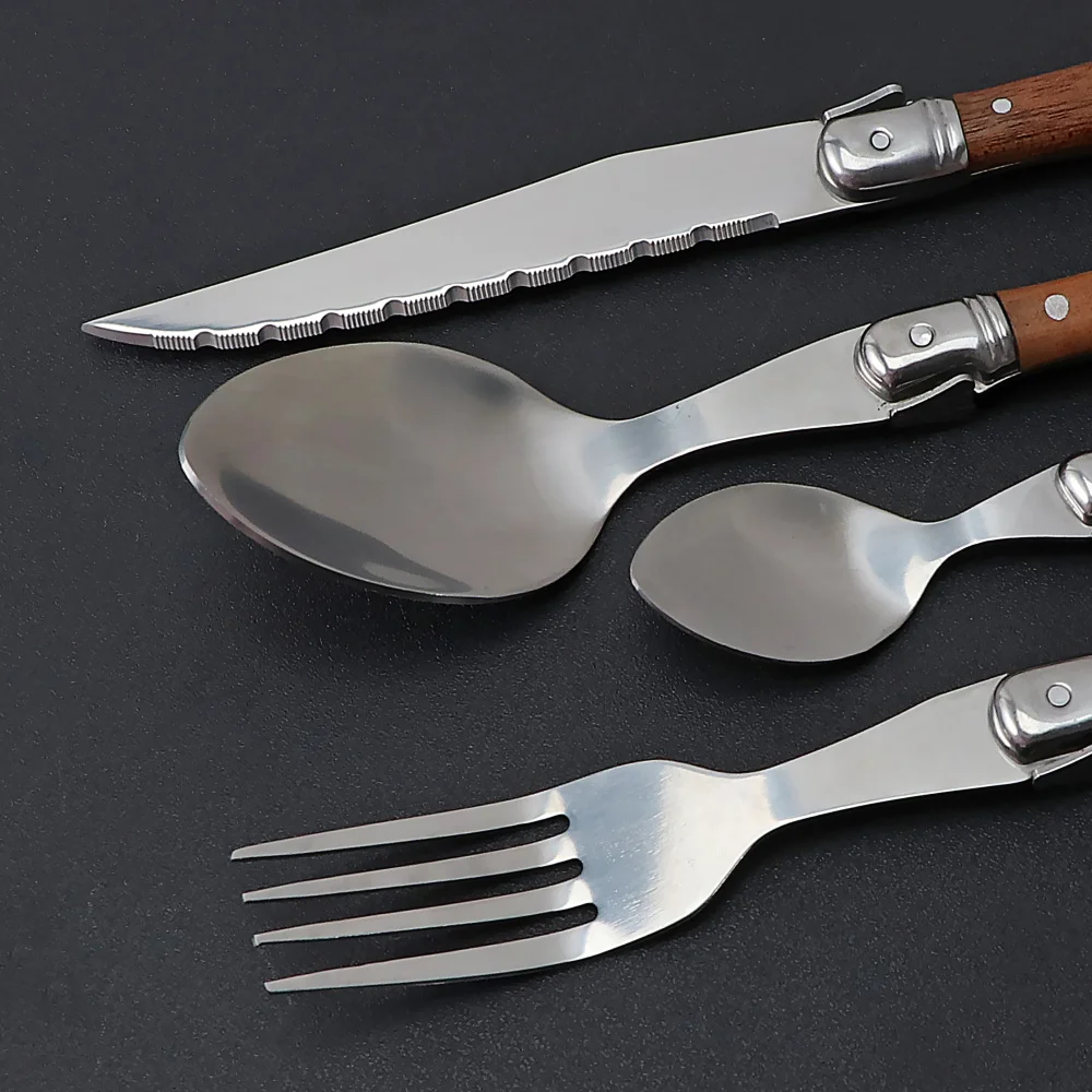 Jaswehome 24pcs Stainless Dinnerware Set Rosewood Handle Steak Knives Flatware Knife Fork Soup Spoon Tea Spoons Tableware Set