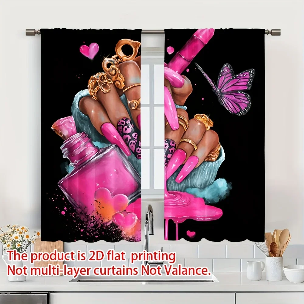Vibrant Pink Nail Art Curtain Panels for Bedroom Window Decor Romantic Glam Style Home Accent