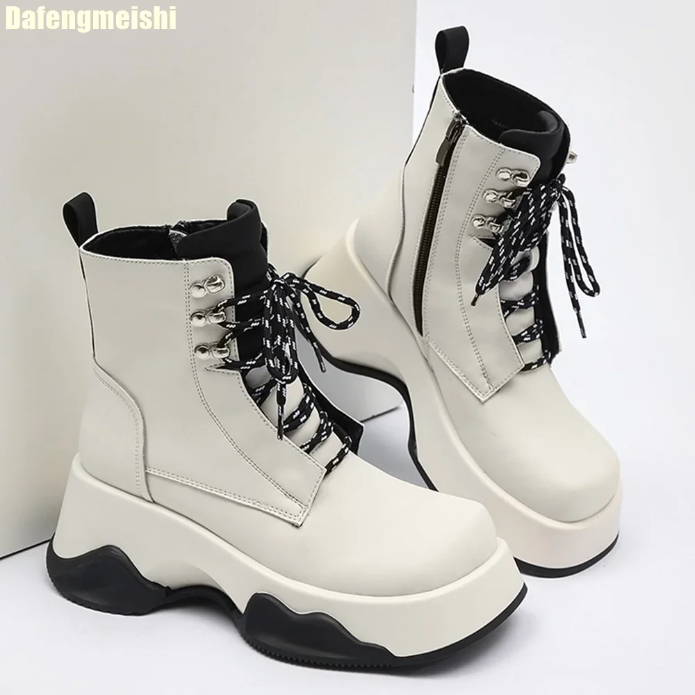 Thick-Soled Chelsea Boots Women 2025 New British Style Short Boots for Women Heightening Lace-Up Mixed Color Knight Boots