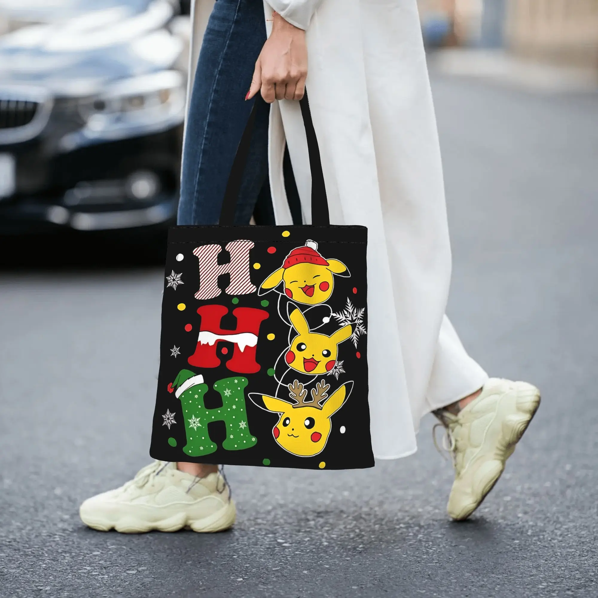 Customized Pokemon Pikachu Christmas Women's Bag Shopping Bag Reusable Double Sided Canvas Tote Bag Shoulder  Handbag