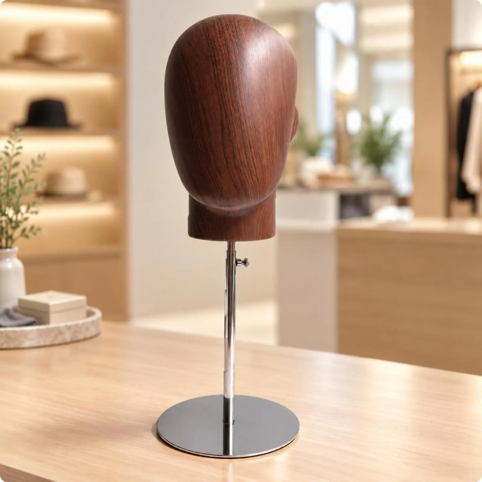 Wood Grain Head Hat Stand with Metal Support for Store Display Photography Prop Hat Holder Organizer