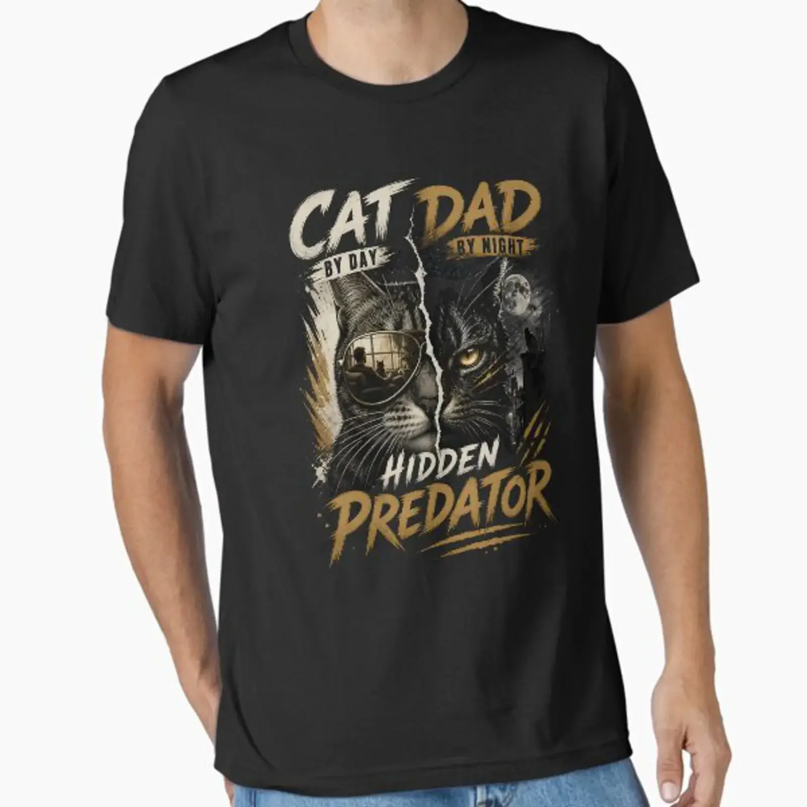 Cat Dad by Day Hidden Predator NighT T Shirt Funny for Lovers Essential vintage Washed Unisex Top For Everyday Wear fashion