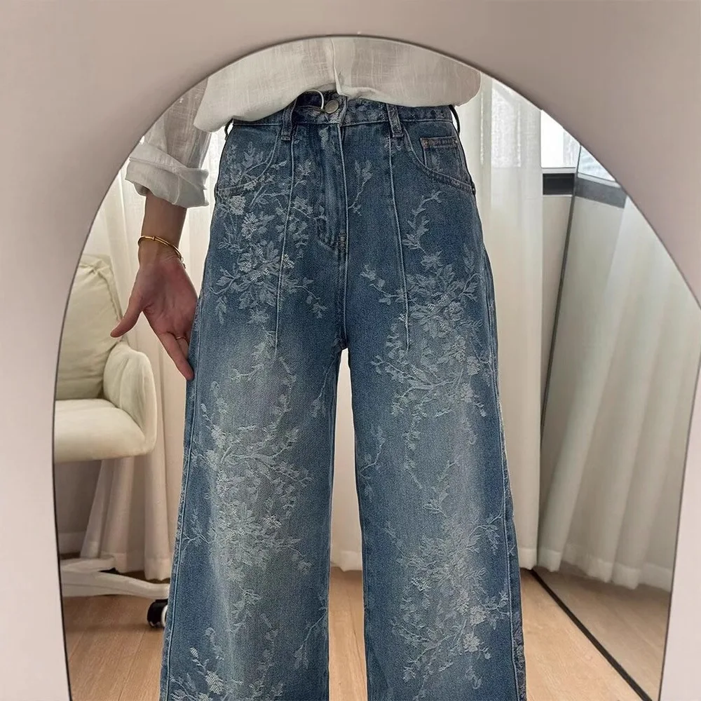 Vintage Fashion Four Seasons Women's Wide Leg Straight Casual Simple Basic Daily Trendy Jeans Pants Female Jeans Pants Clothes