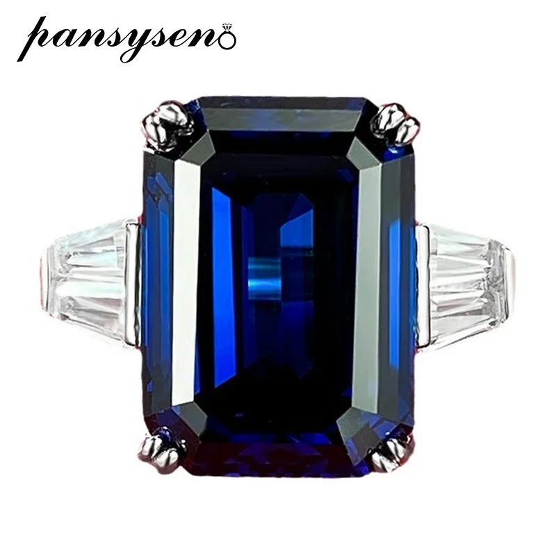 

PANSYSEN Vintage 925 Sterling Silver 10*14MM Emerald Cut Sapphire Gemstone Rings for Women Man Anniversary Party Fine Jewelry