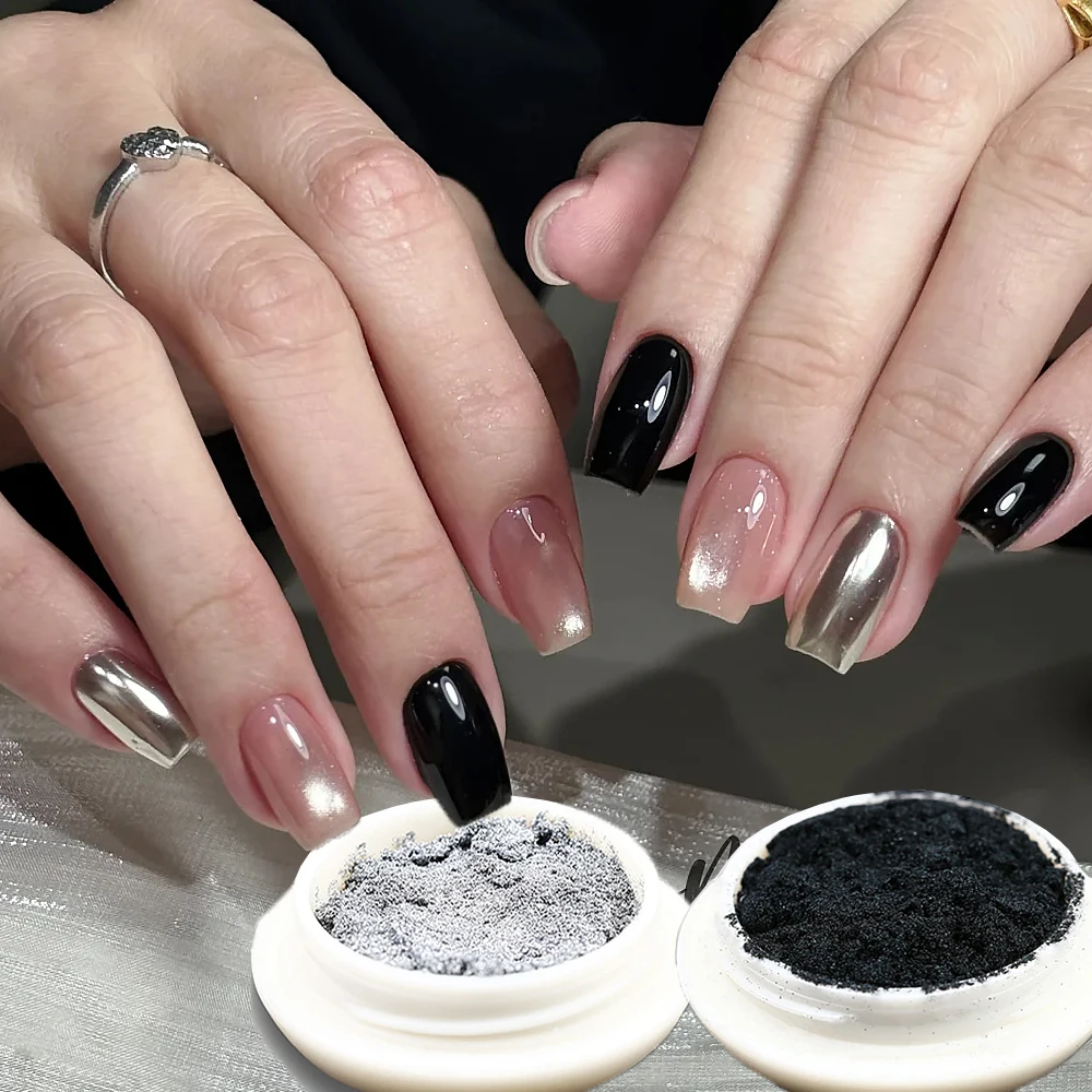 

2 банки/набор, волшебная зеркальная пудра, черный, серебристый, порошки для натирания, 3D голографический металлический зеркальный эффект, пигмент для ногтей, сделай сам, панк-маникюр