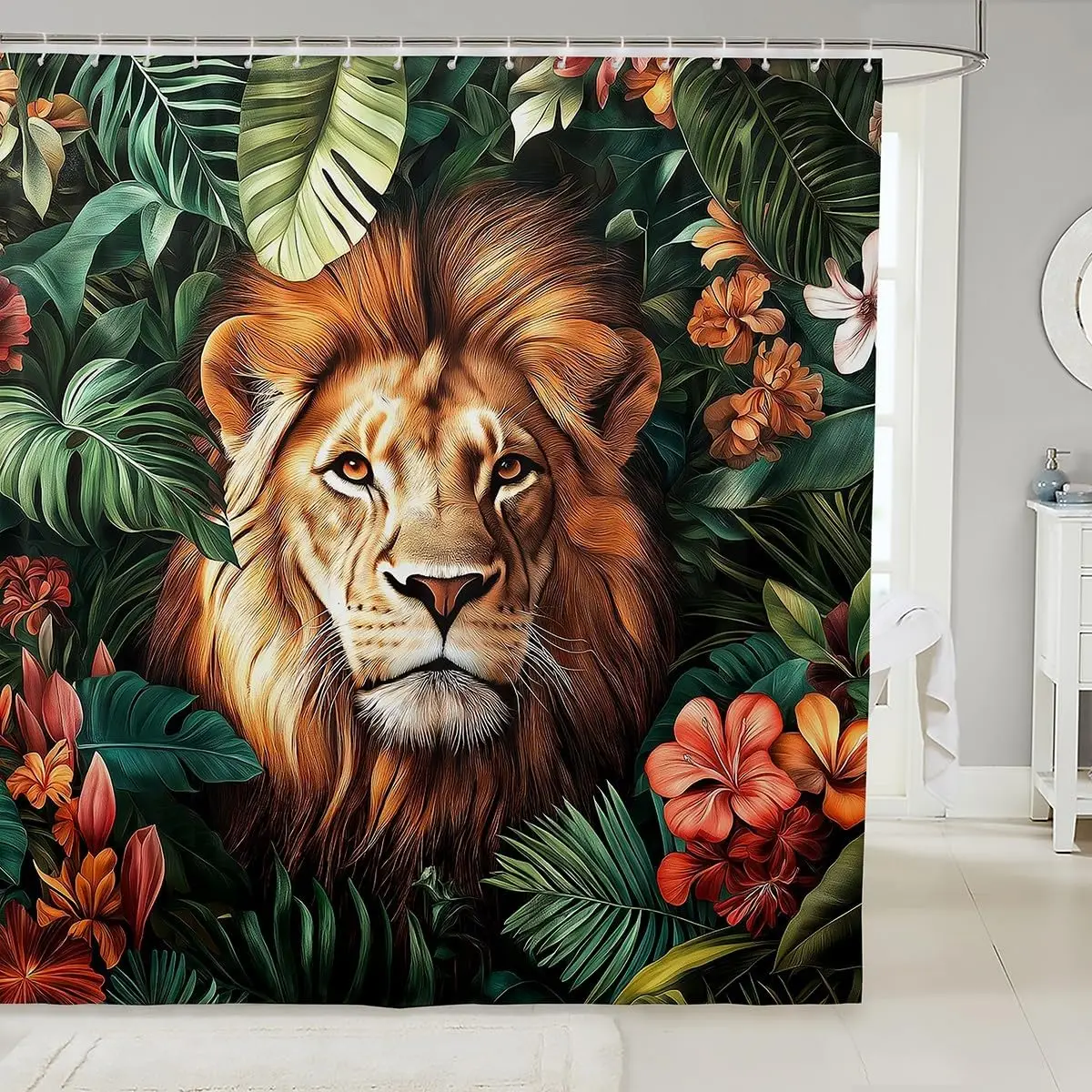 Majestic Tropical Jungle Lion Shower Curtain Rainforest Floral Pattern Waterproof Luxury Bathroom Decor Curtains