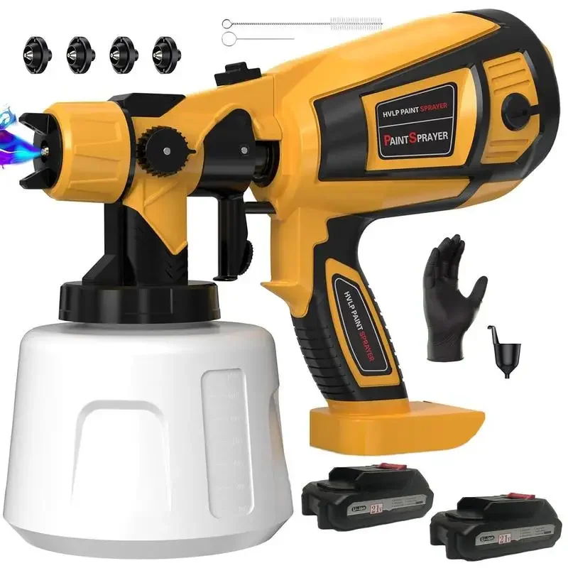 Paint Sprayer, Cordless Paint Gun Machine with 2 Batterie with Cleaning & Blowing Joints,Easy to Clean, 4 Nozzles and 3 Patterns