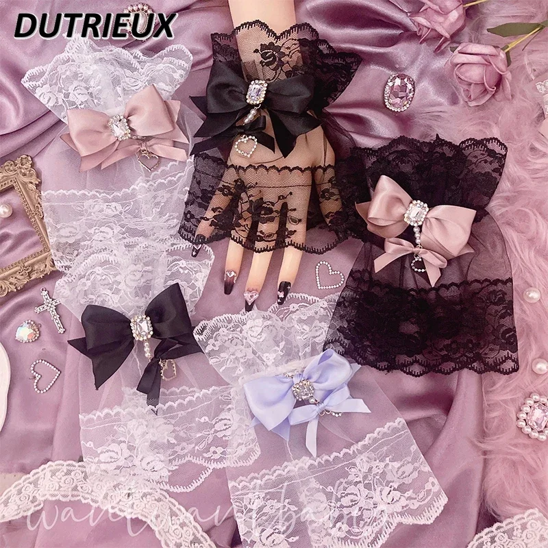 Japanese Original Mine Series Subculture Lolita Handmade Female Sweet Bow Sweet Rhinestone Lace Oversleeves Fingerless Gloves