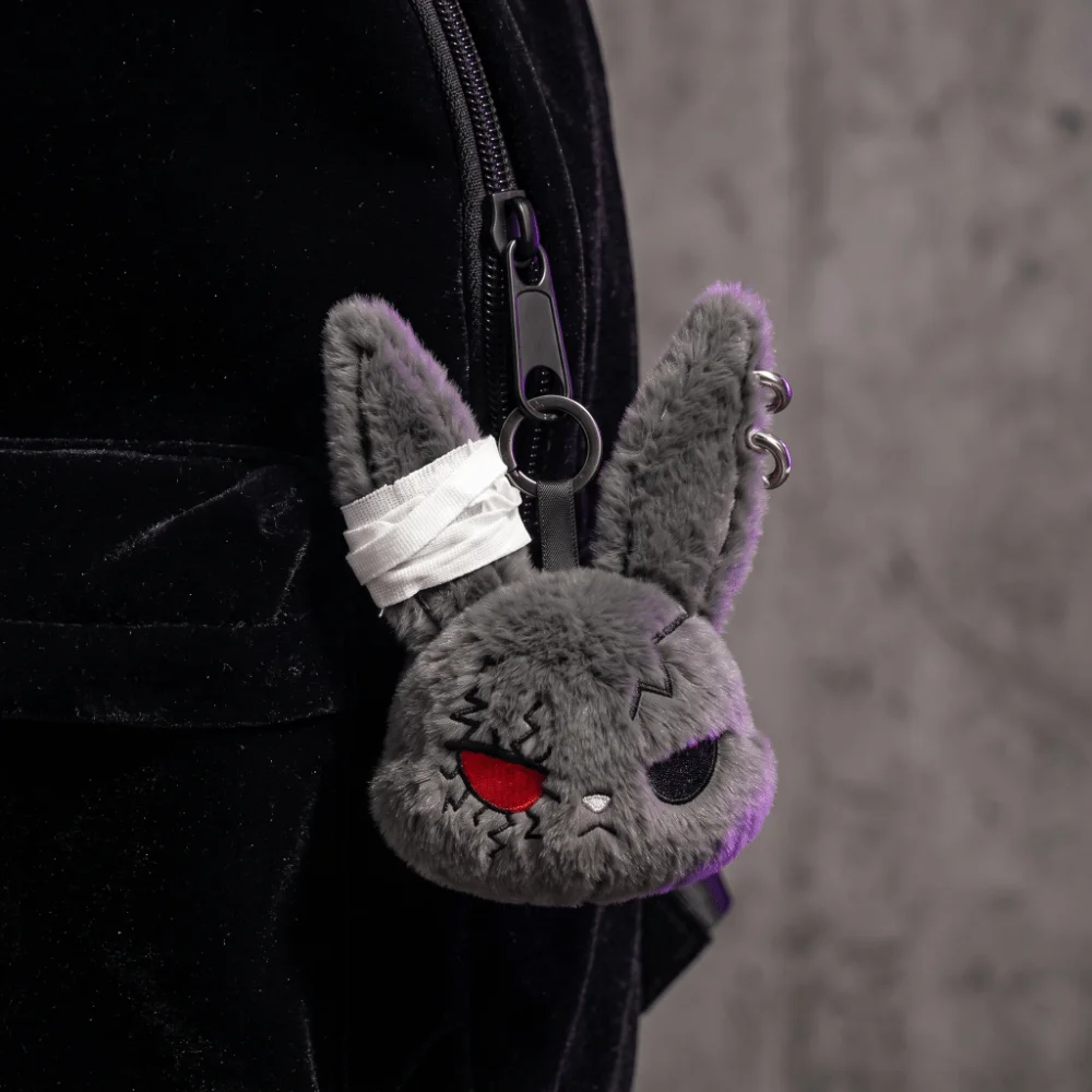 PP Cotton Bunny Keychain Hoop Earrings Animal Wounded Rabbit Keyring Dark Style Gothic Cute Furry Bag Pendant Gift For Women