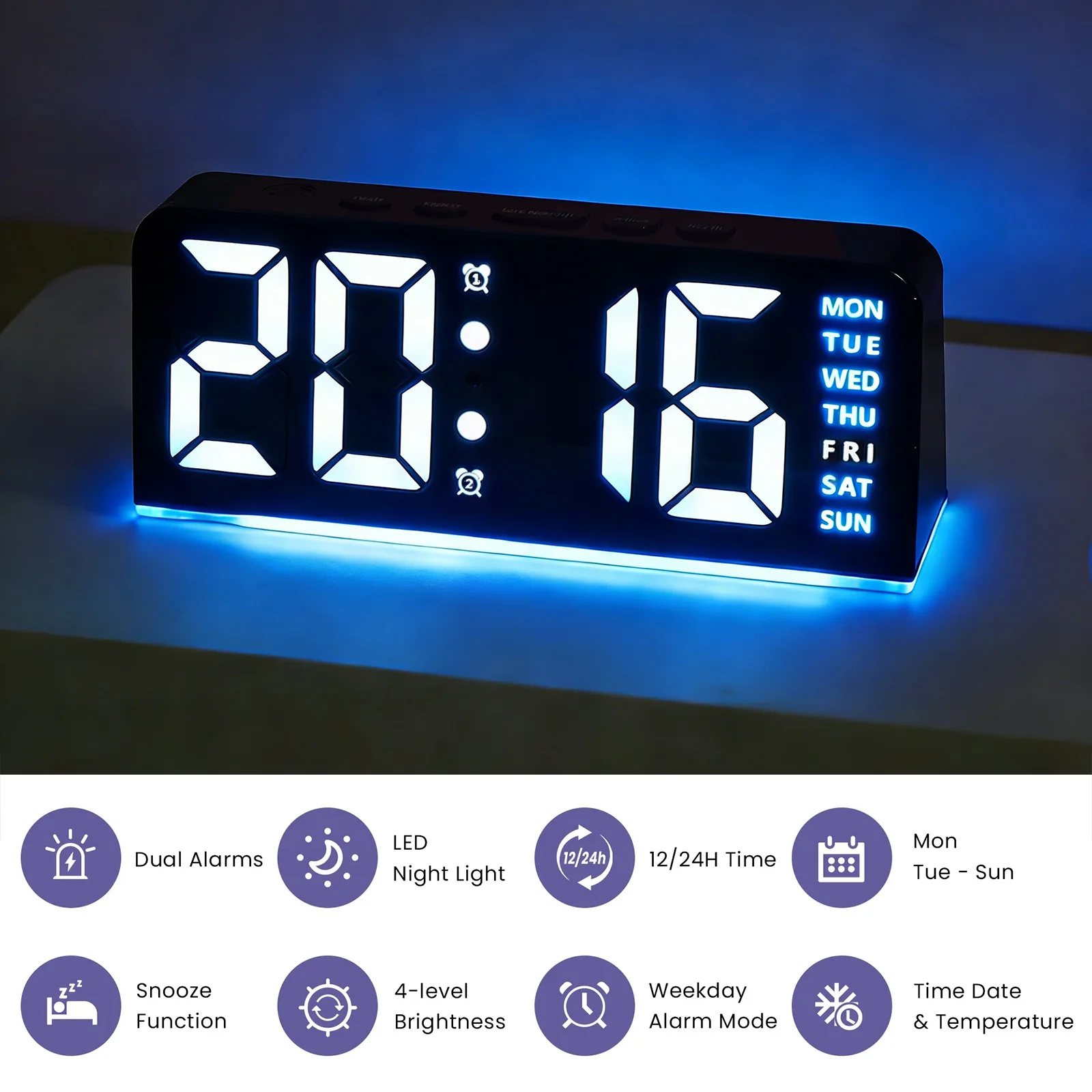 Black Mini Alarm Clock with Blue Night Light, USB 5V Digital Desktop Clock, Year Date Temperature Display & Adjustable Brightness,  Nightstand Clock for Bedroom Home Office