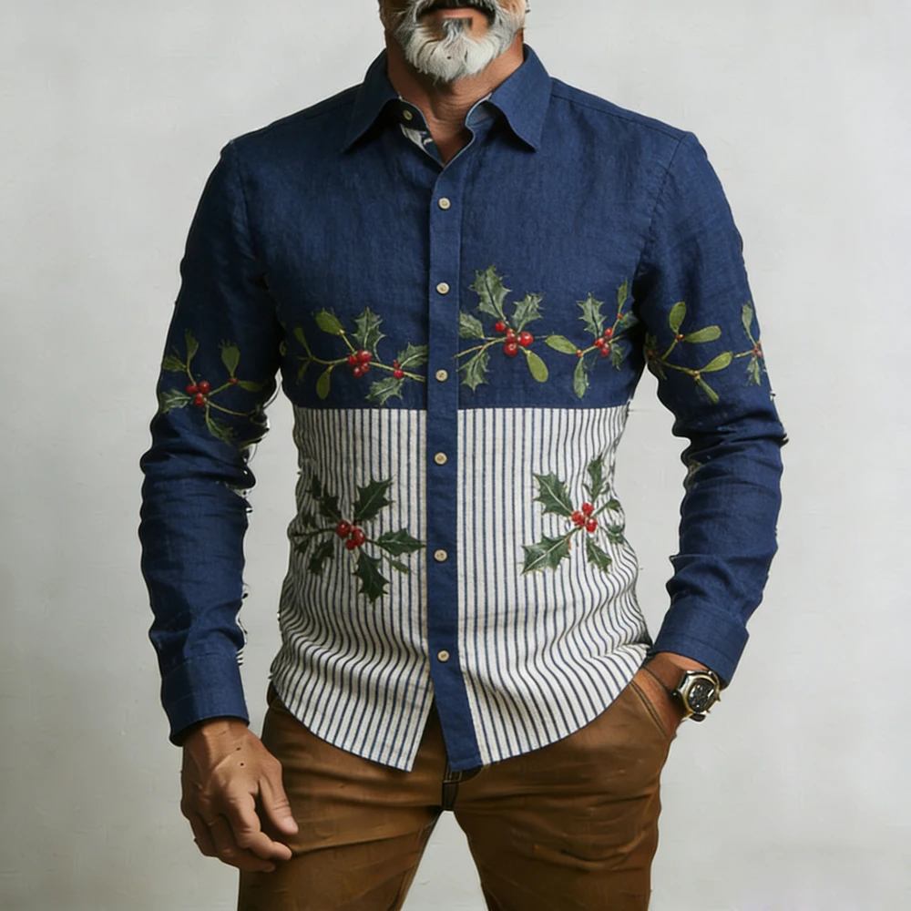 

Men's New Linen Christmas Berry Pattern 3D Printed Shirt Hawaiian Vacation Casual Long-sleeved Lapel Shirt Men's Party Clothes
