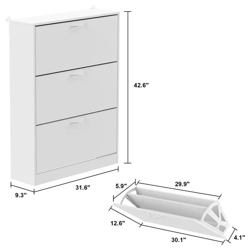 Modern Shoe Storage Cabinet with 3 Flip Drawers, Wood 3-Tier Shoe Rack Storage Organizer, White