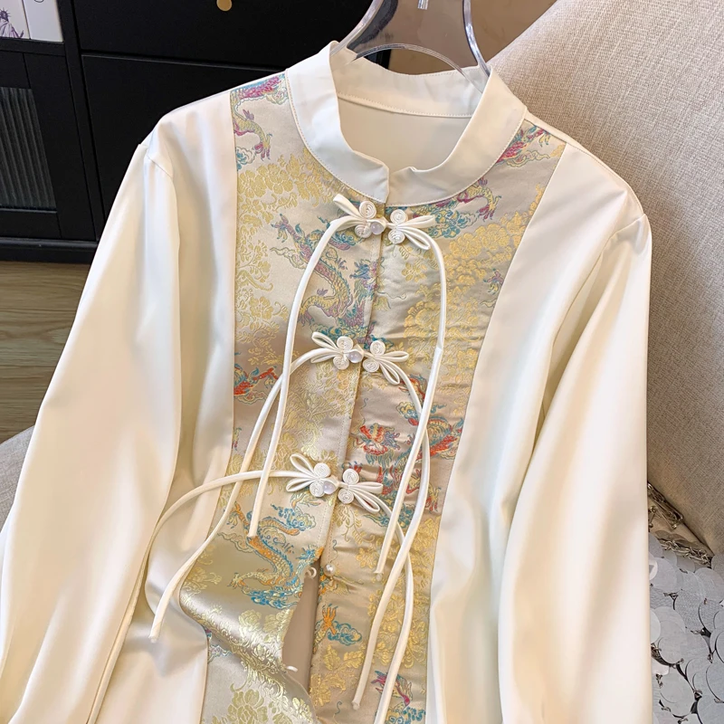 Satin Chinese Style Women\'s Shirt Loose Print Blouses Fashion Spliced Clothing Long Sleeves Spring/Summer Women Tops