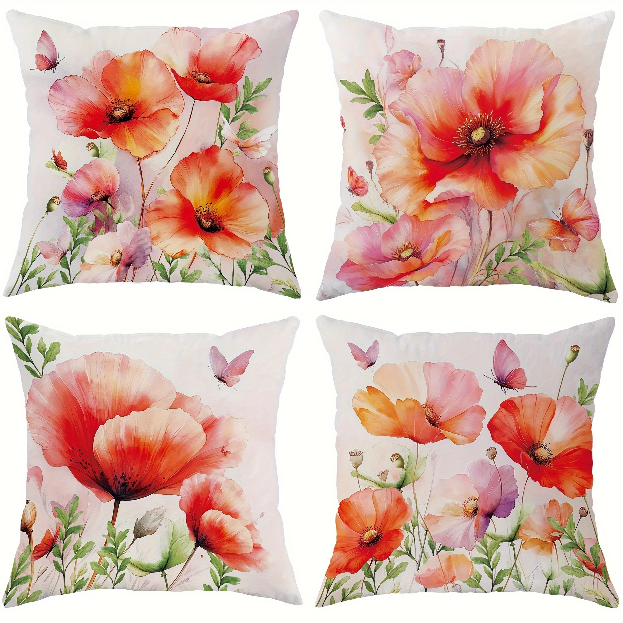 

Home Decor Colorful Poppies With Butterflies Pillow Covers Pattern Cushion Cover Suitable For Sofa Bedroom Car Pillow Cover