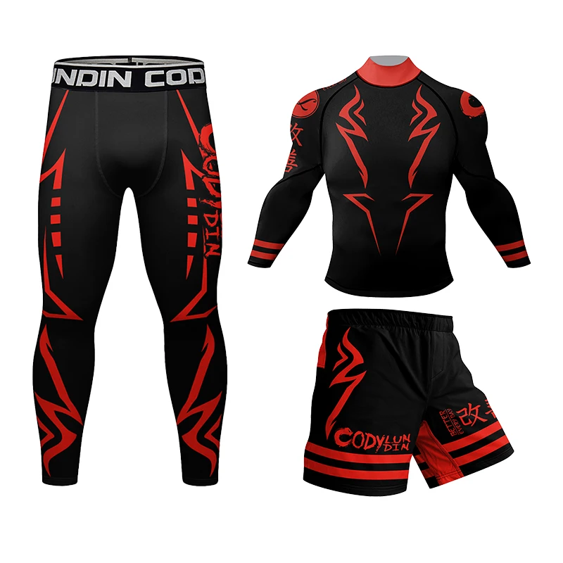 カスタムデザイン メンズMMAウェア ドライフィット スポーツシャツ+伸縮性バンド付きショーツ 抗ピリング 柔術 キックボクシング ラッシュガード 4点セット