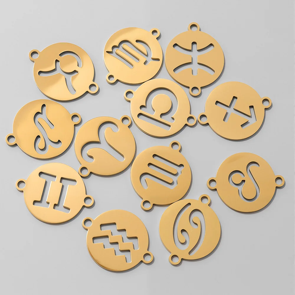 

12 шт./лот, подвески-коннекторы из нержавеющей стали с золотым покрытием, 12 знаков зодиака, для изготовления украшений своими руками