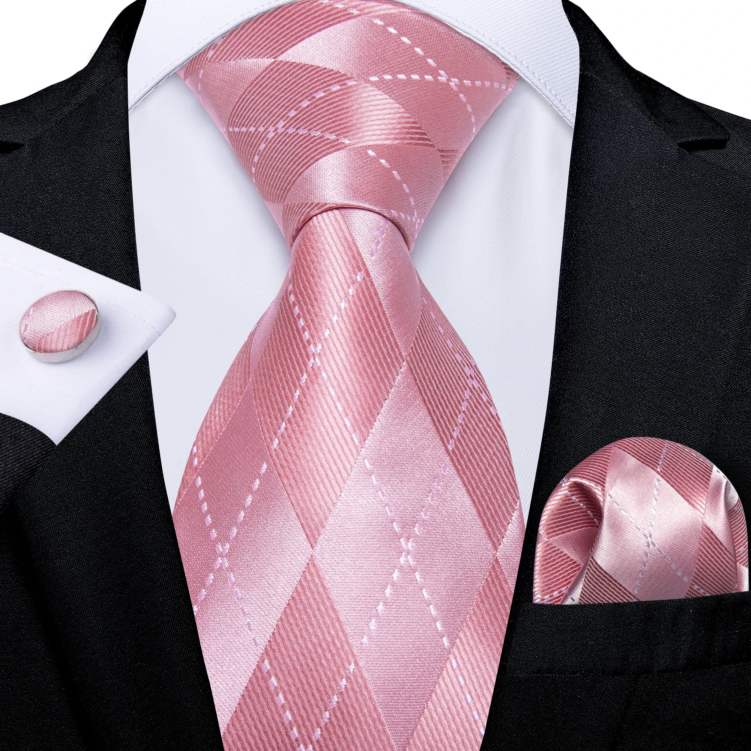 Rosa kariertes Paisley-gestreiftes, solides Business-Hochzeitskrawatten für Männer, Bräutigam-Accessoires, 8 cm Krawatten-Set, Taschentuch, Manschettenknöpfe, Geschenk – Detail 15