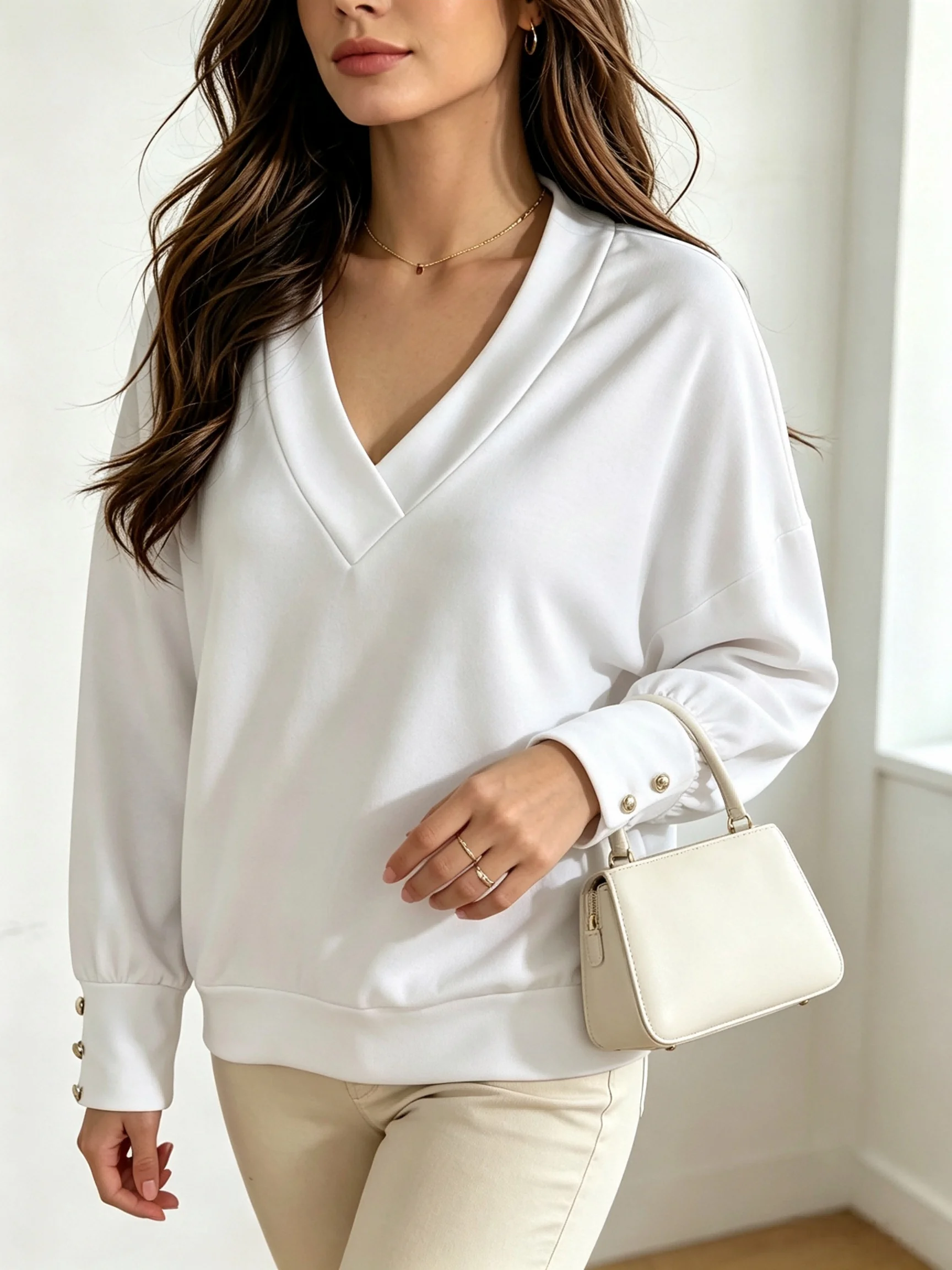Women`s V‑Neck Knit Long Sleeve Top T-shirt Daily Wear S‑XXL Size Autumn Button Cuff Drop Shoulder Casual Pullover Sweatshirt view 4