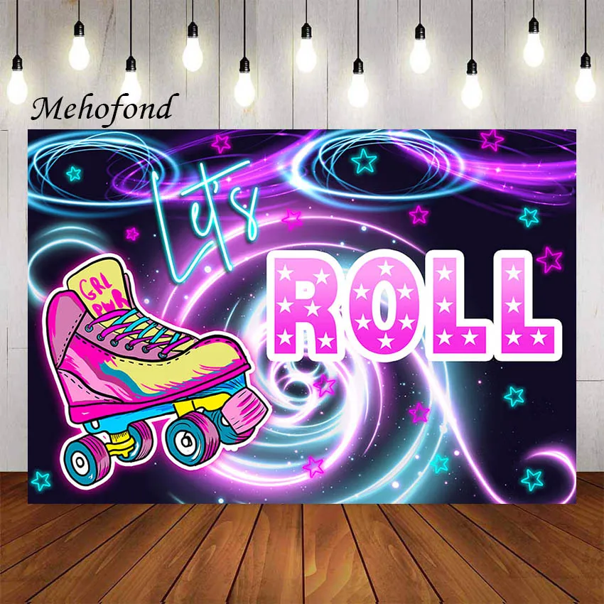 Mehofond Photography Background Let's Roll Girls Birthday Party Roller Skating Neon Cake Table Decoration Backdrop Photo Studio