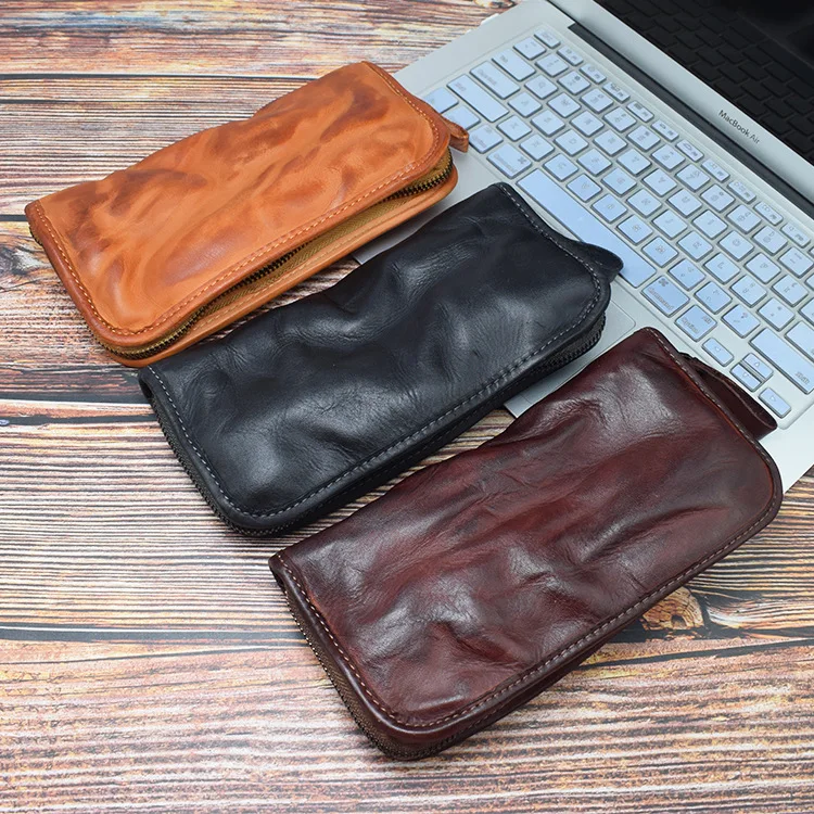 Hand-made Old Washed Tanned Leather Men\'s Hand Baotou Layer Cowhine Wallet Multi-functional Vintage Large Capacity Money Clip