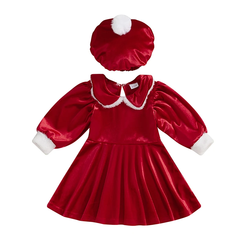 Girls Christmas A-line Princess Dress Long Sleeve Doll Collar Santa Dress with Hat