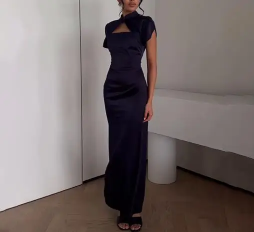 Autumn New Women's Chic Satin Solid Color Maxi Dress Traditional Stand Collar and Modern Cutout Combine Slimming Dress