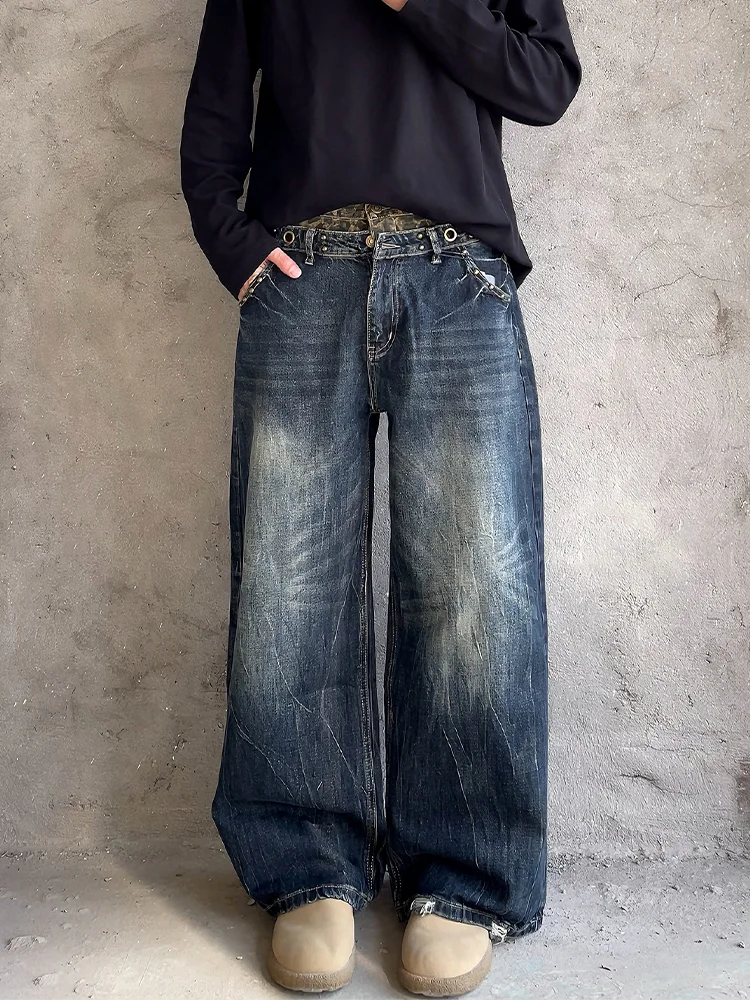 

plus Size American Retro Leopard Print Double Waist Straight Leg Casual Wide Leg Jeans Women Loose Design Floor Length Pants