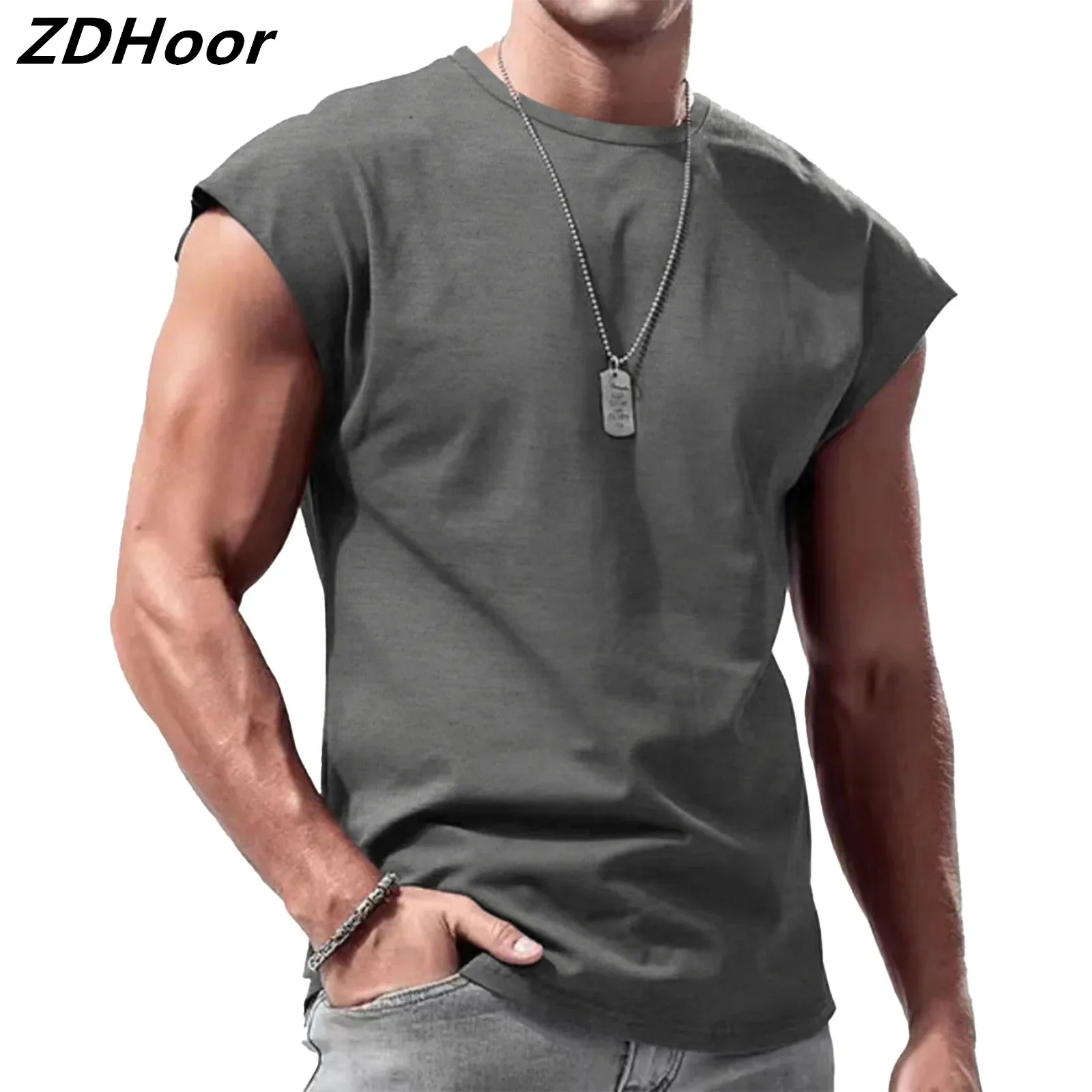 

Men Fashion Solid Color Sleeveless T-Shirt Casual Round Neck Vest Tops for Vacation Travel Sports Workout Running