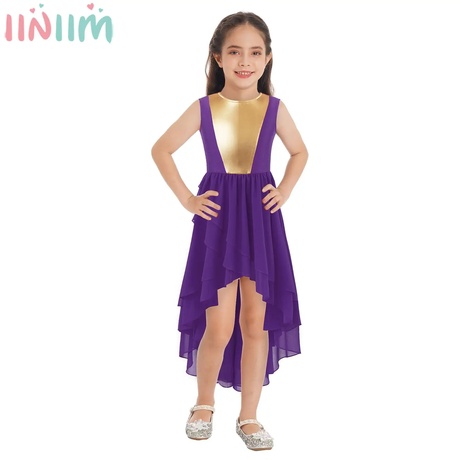 Girls Church Choir Worship Dress Praise Lyrical Dance Stage Performance Costume Sleeveless High-Low Hem Leotard Dress Dancewear