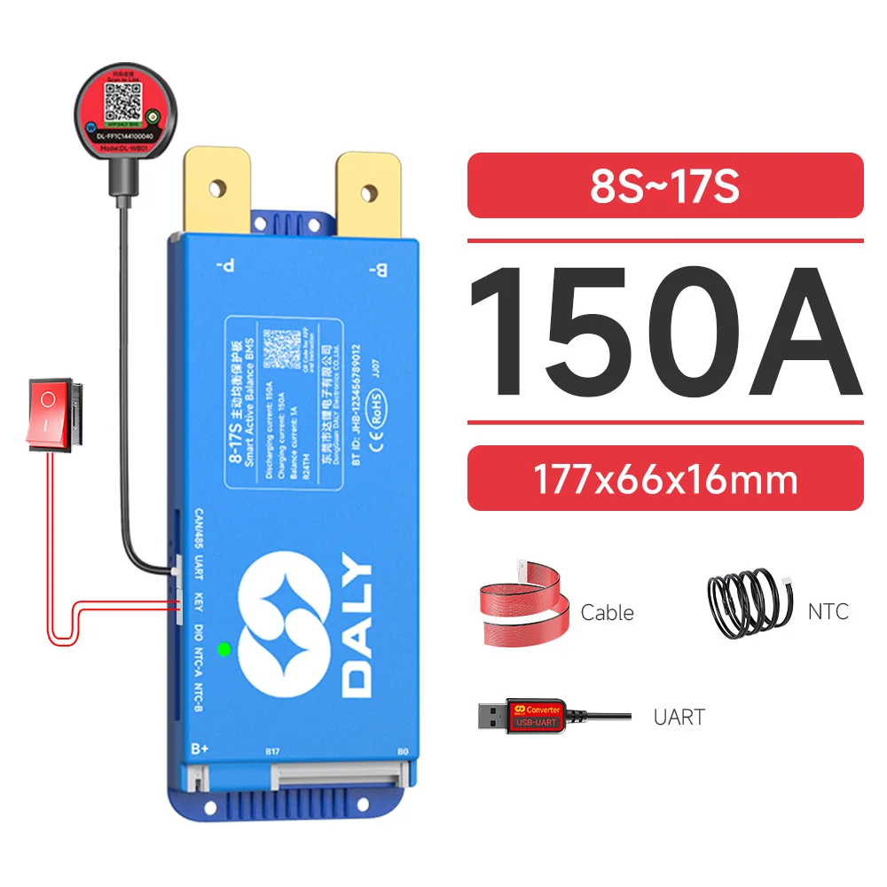 Daly Smart Active BMS 4S LiFePO4 8S 24V 16S 100A 150A 40A 60A 200A 12V 48V LiFePO4 1A Actieve Balancer met UART RS485 wifi-sleutel