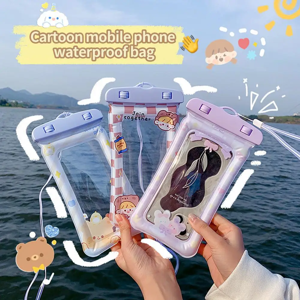 حقيبة هاتف مقاومة للماء تعمل باللمس الحساس العالمي مع حبل لطيف الكرتون الهاتف تحت الماء غطاء الهاتف المحمول للسباحة