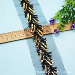 Black and Gold Beaded Embroidered Lace DIY Glass Bead Sequin Lace Edge Ribbon Waist Chain Formal Dress Clothing Accessories