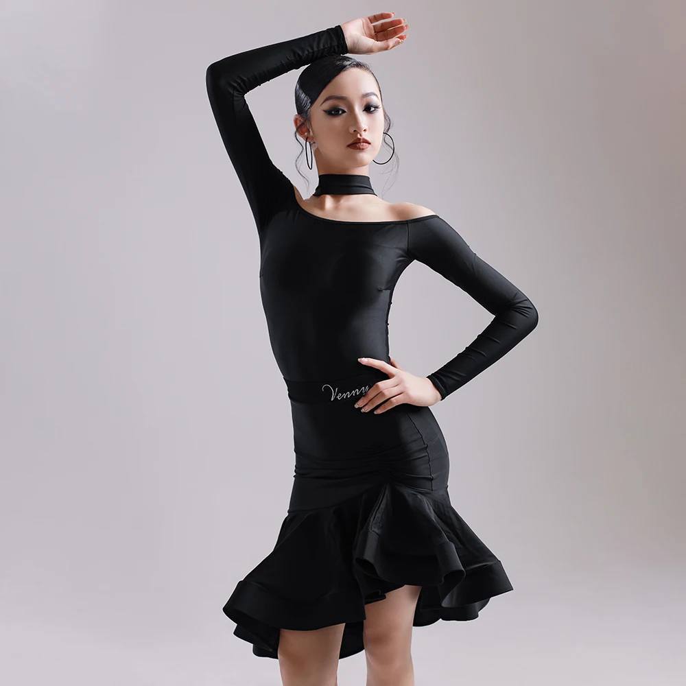 VENNY Latin dance dress new professional separate long sleeve neck black fashion training dress female adult