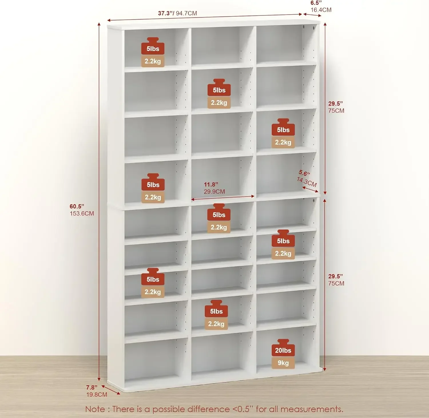 Toki 24-Shelf DVD Storage Tower, Adjustable CD Rack & Media Shelf Organizer, Slim Media Storage Cabinet for Living Room, Bedroom