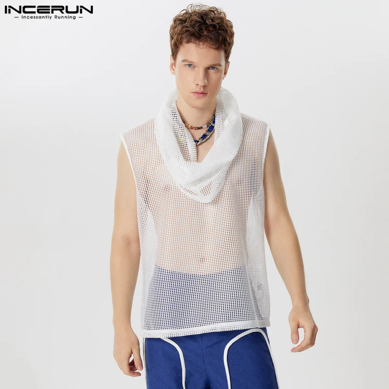 2024 Men\'s Tank Tops Mesh Hollow Out Turtleneck Sleeveless Male Vests Streetwear Transparent Fashion Men Clothing INCERUN S-5XL