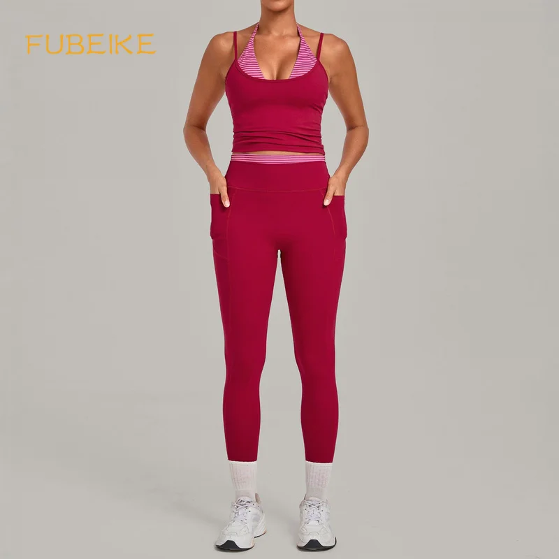 Women Halter Neck Yoga Set Double Strap Beauty Back Tank Top High Waist Pocket Leggings Butt Lifting Quick Dry Running Outfit