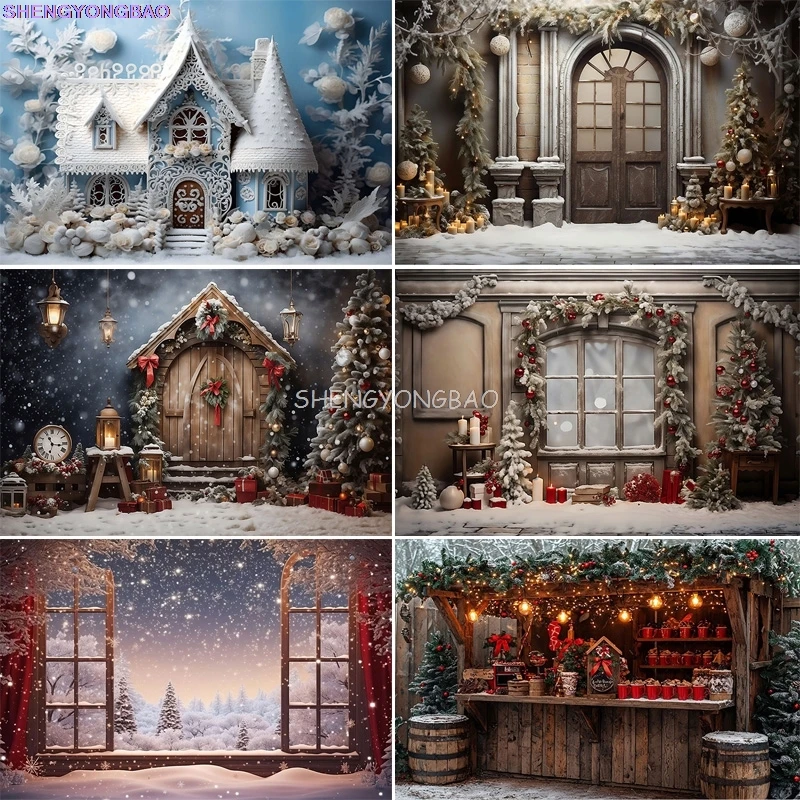 

Festive Christmas Room Fireplace Photography Backdrops Winter New Year Holidays Party Xmas Tree Window Photo Background BR-10