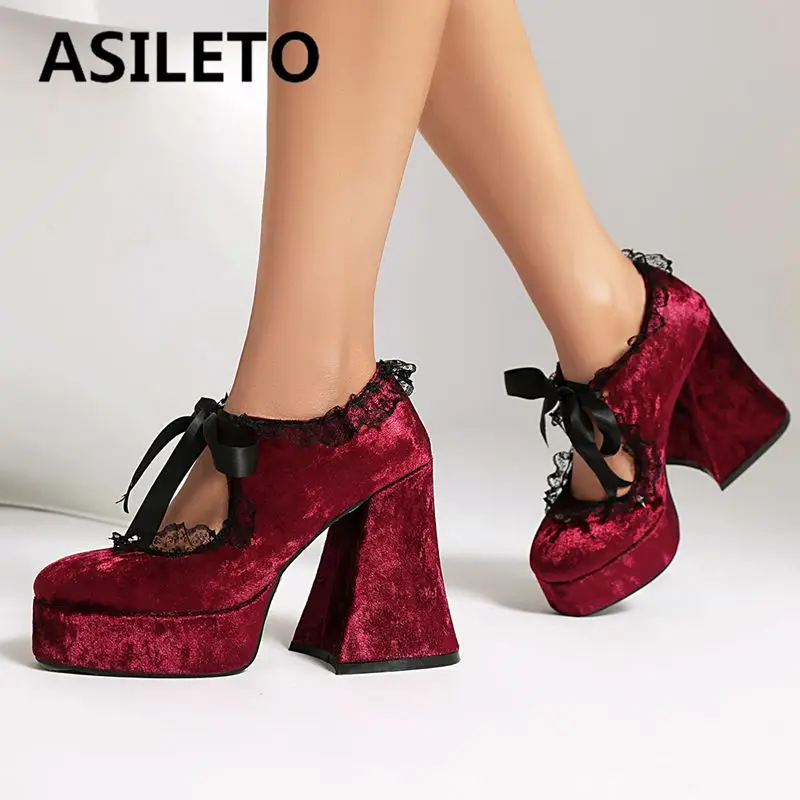 

ASILETO Design Women Pumps Round Toe Block Heels 12cm Mixed Color 41 42 43 Fashion Dating Shoes Platform Lace Up Flock Suede
