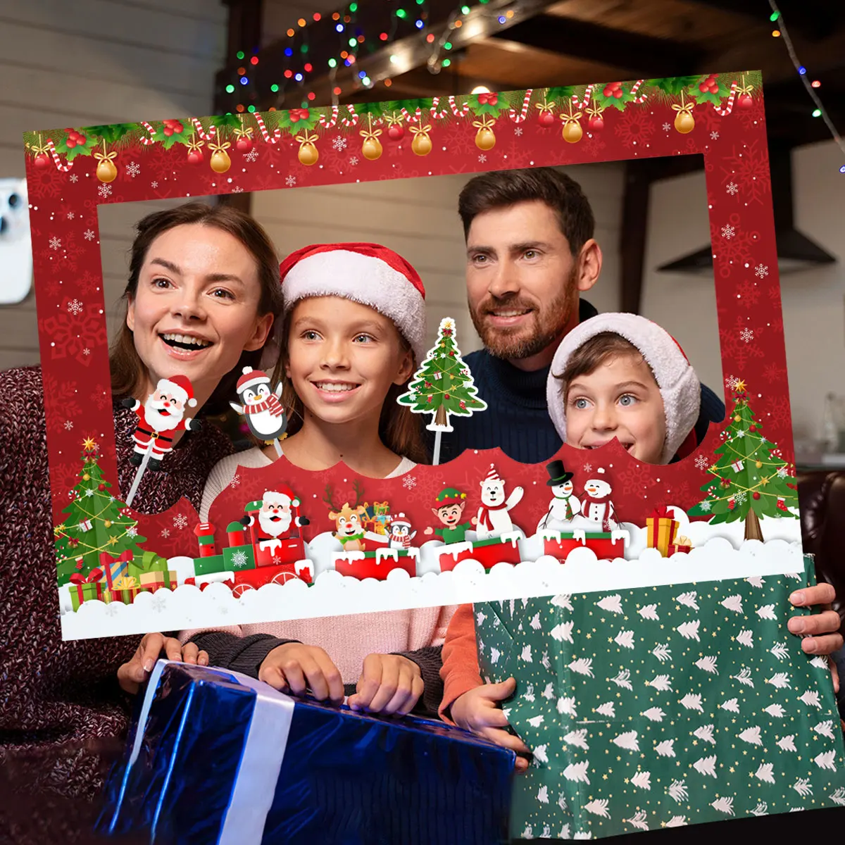1pcs 2024 Merry Christmas Paper Photo Frame Fun Photo Booth Props Family Party Dinner Xmas Decorations Happy New Year Gifts