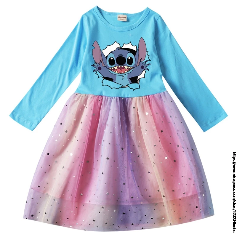 Vestido de malla de manga larga para niña, ropa de Lilo y Stitch, atuendo de princesa para fiesta de bebé, primavera y verano