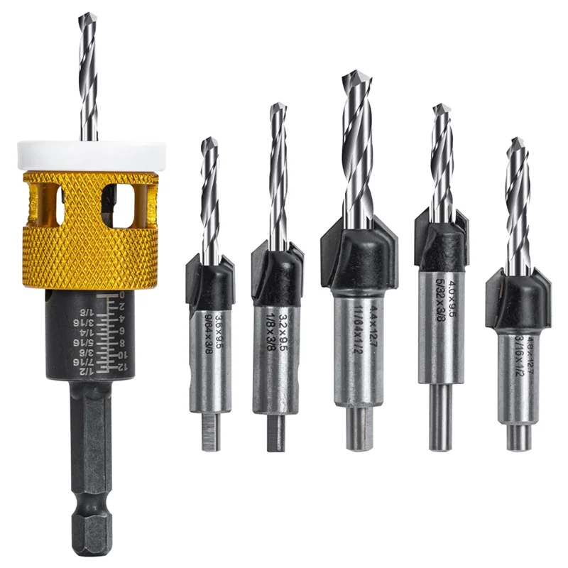 

5 Pcs Countersink Drill Bit Set: Replaceable HSS M2 Tapered Bits - 82° Counter Bore With Adjustable Depth Stop-B51B