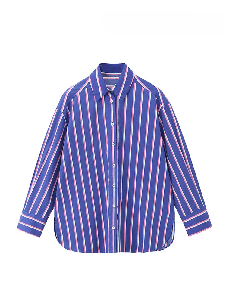 

RuChic Women Summer Fashion Blouses Purple Stripe Turn-Down Collar Long Sleeves Single Breasted Female High Street Shirts Traf