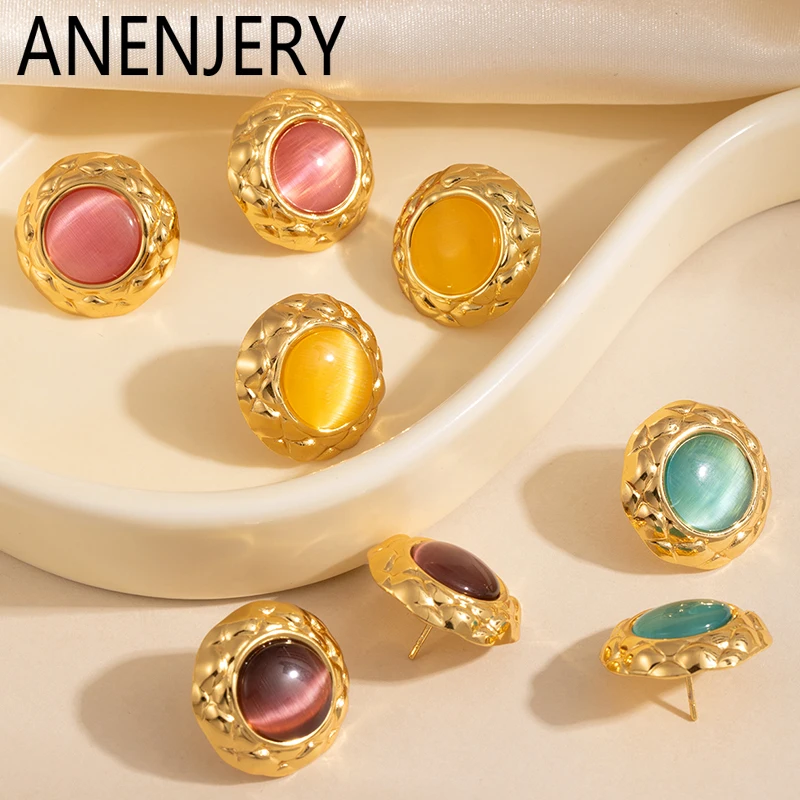 ANENJERY 316L Stainless Steel Colorful Round Card Stud Earrings For Women Fashion Simple New Popular Jewelry Gifts Wholesale
