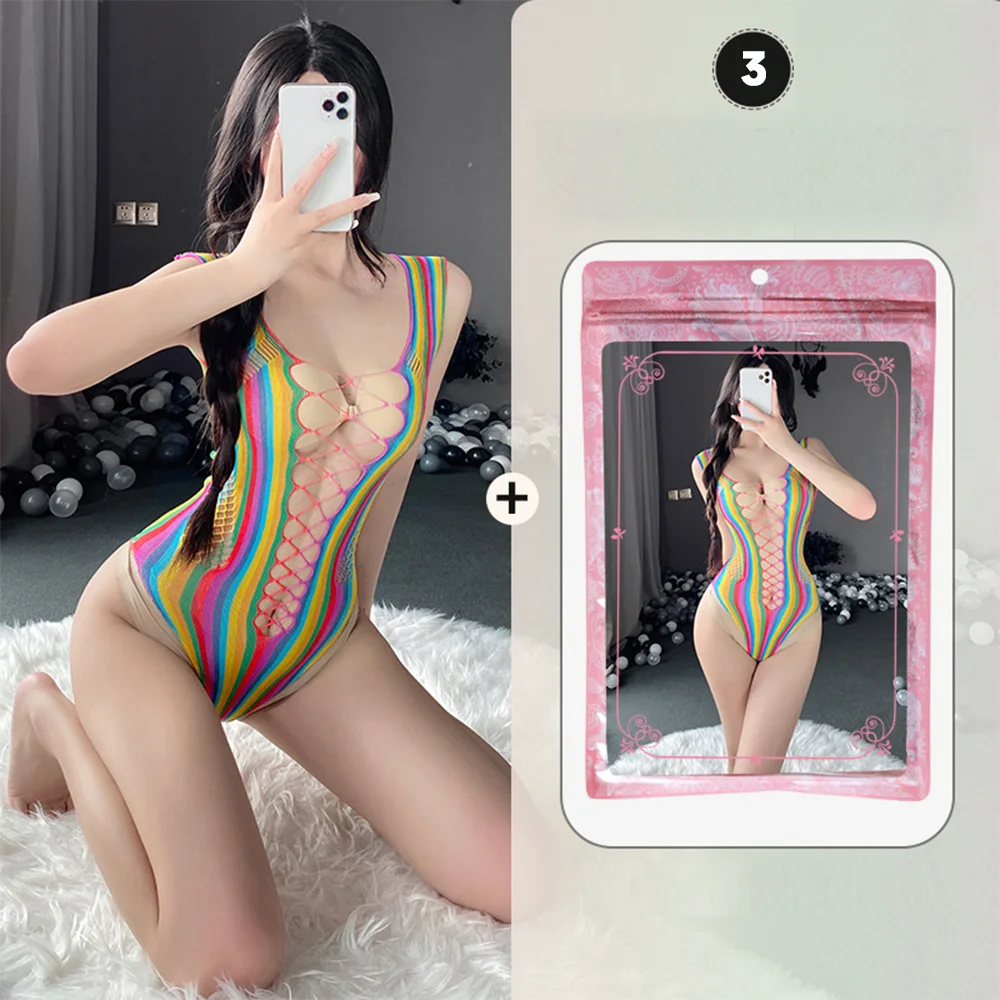 Sexy Lingerie for Women Fishnet Halter Chemise rainbow Hot Mesh Mini Dress Bodysuit through clothes Flirtation Erotic for couple