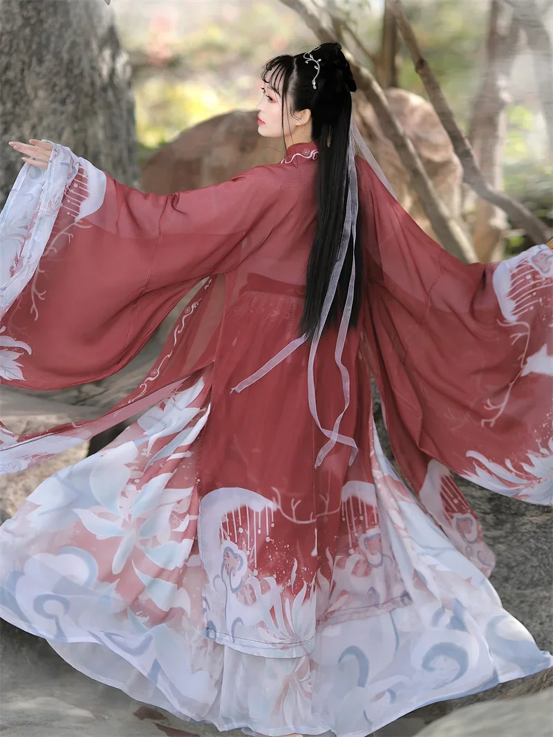 Original Hanfu 3 ชิ้นจีนโบราณเครื่องแต่งกายเสื้อผ้าผู้หญิงแบบดั้งเดิม Hanfu เครื่องแต่งกายเต้นรําพื้นบ้านชุดนางฟ้าสําหรับการสําเร็จการศึกษา