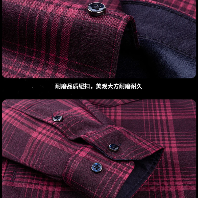 2023 new autumn and winter men\'s velvet thickened long-sleeved warm shirt oversized stretch plaid business casual no-iron shirt