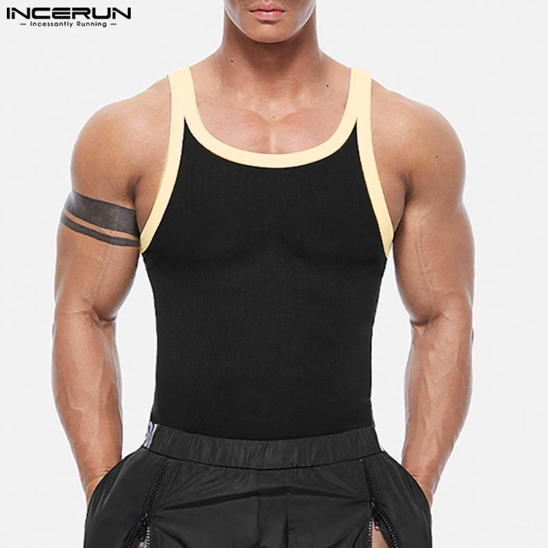 INCERUN Men\'s Tank Tops Patchwork Summer O-neck Sleeveless Male Vests Steetwear Skinny 2024 Fashion Casual Men Clothing S-5XL