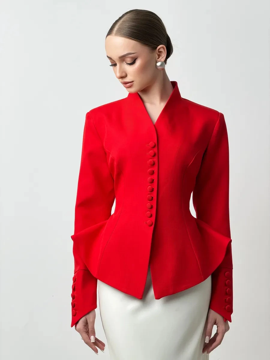 DFDG Women 2026 Spring Summer V Stand Collar Blazer Multi Fabric Buttons Structured Shoulder Peplum Hem Elegant Short Jacket